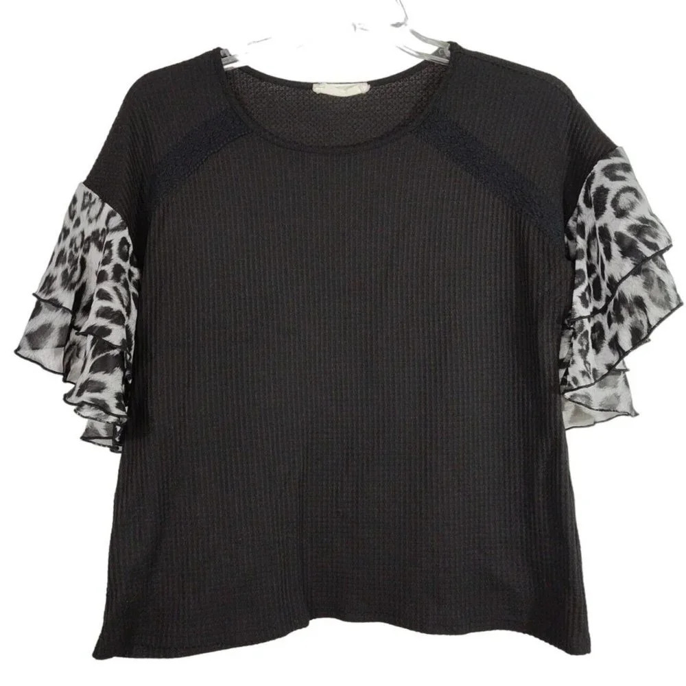 Blue Brand Black Thermal Waffle Knit Top Women Size L Flutter Animal Print Slv